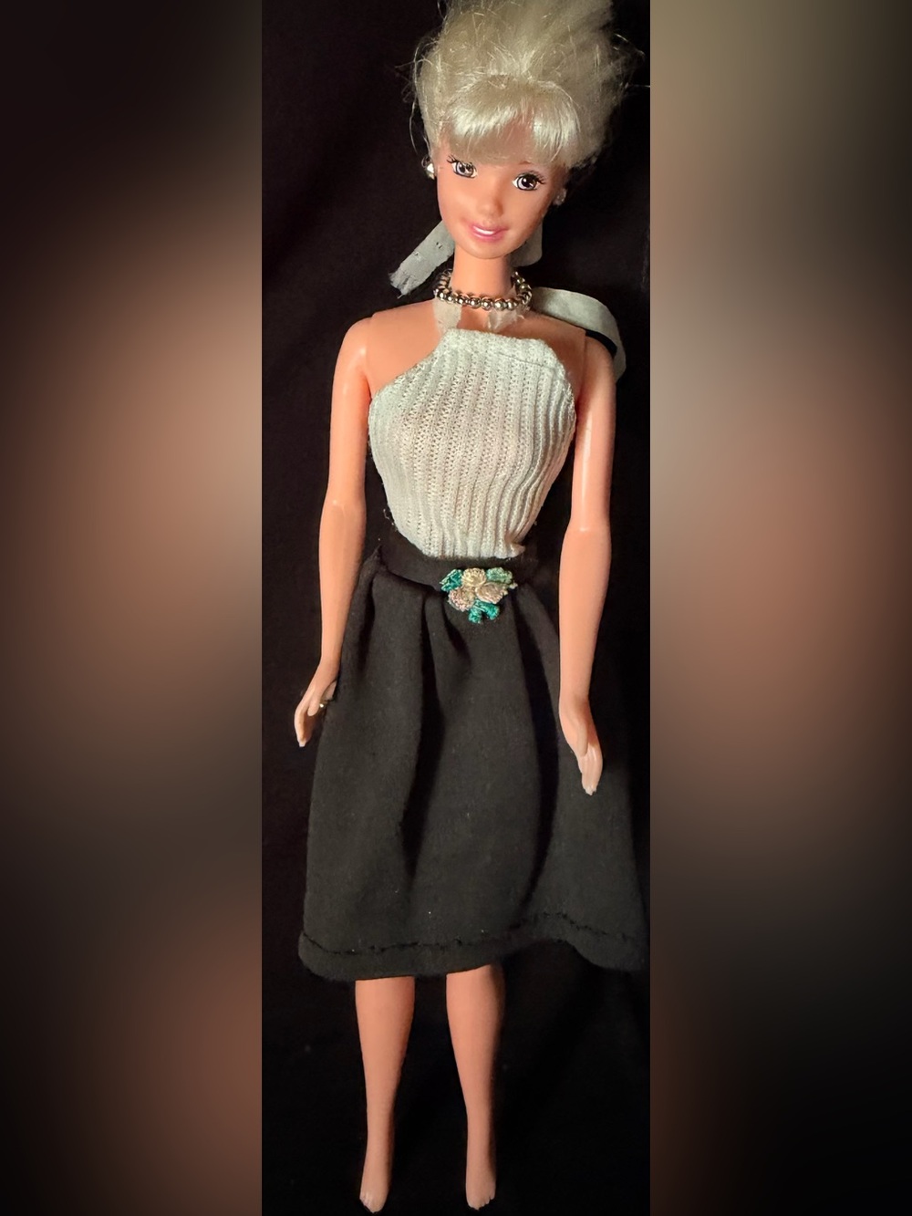 (vintage barbie) Black A-Line Skirt with Floral Applique - Women's Skirt